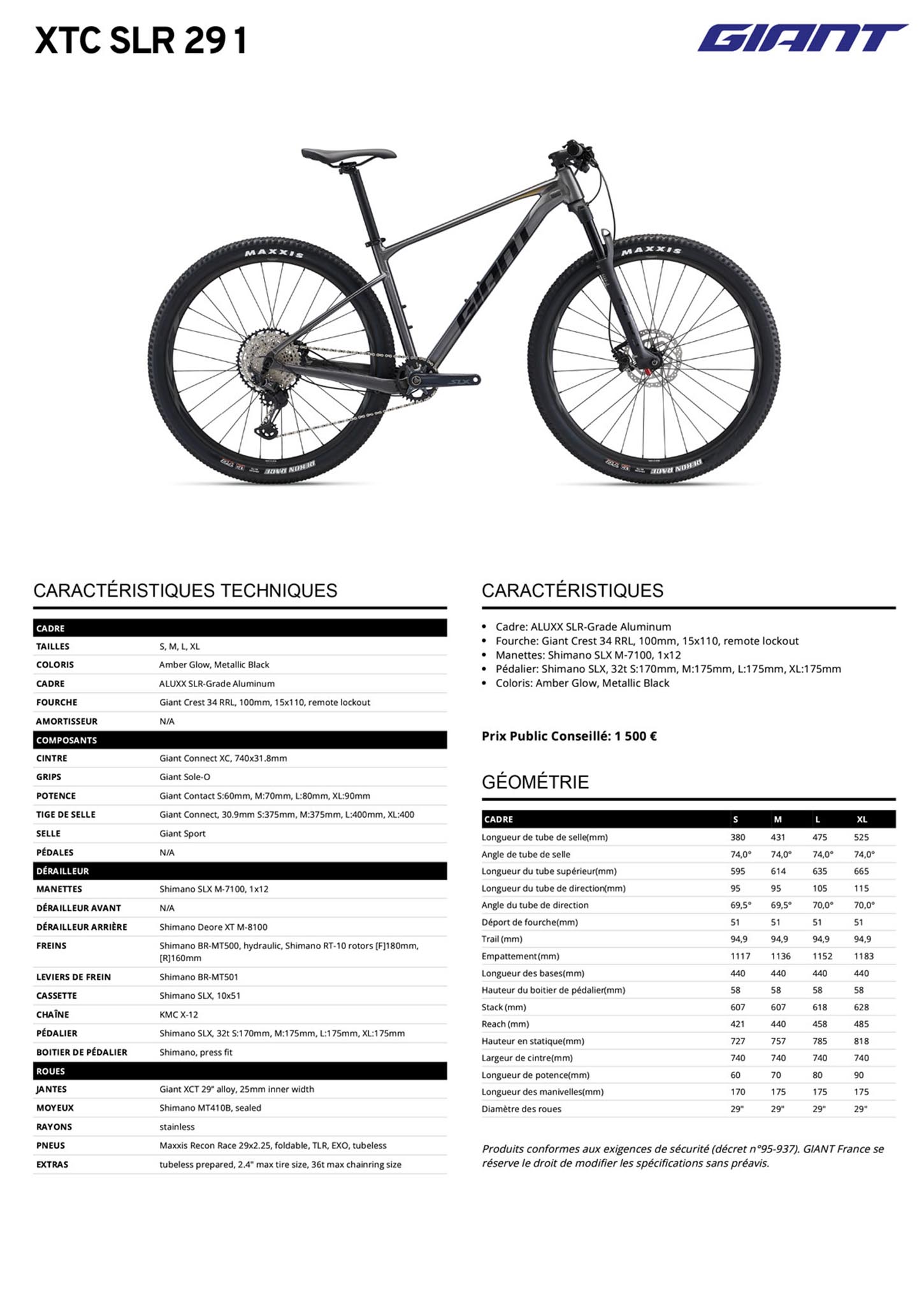 Fiche technique du velo XTC SLR 29 1 année 2022